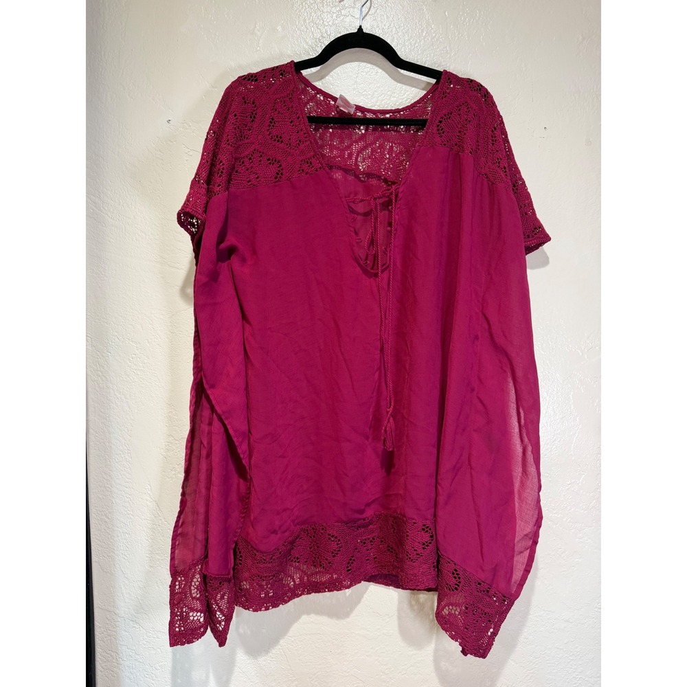 Merona Womens XL Magenta Crochet Lace Trim Boho Lace Up V-Neck Tassels coverup